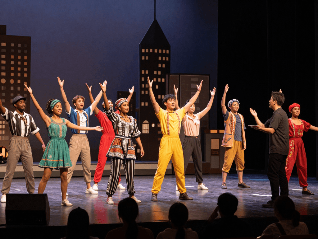 Diverse performers on stage during a lively theatre performance, capturing the essence of ROKOK88 and contemporary culture insights from https://www.nordicatheatre.com.