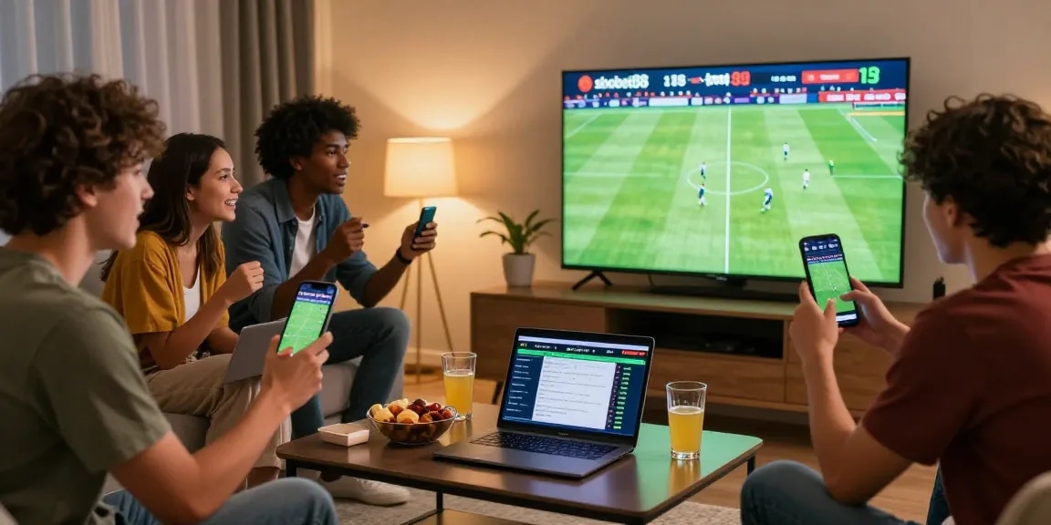 Suasana taruhan olahraga sbobet88 di ruang tamu modern dengan teman-teman menonton pertandingan sepak bola.