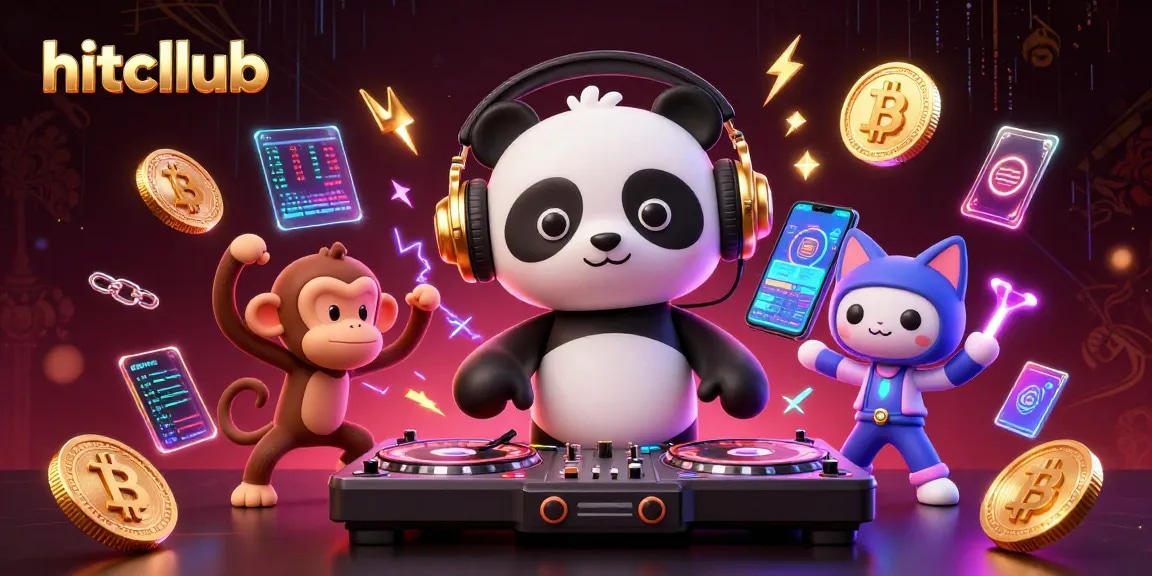 Engage with the hitcllub carnival as a DJ panda spins roulette wheels amidst glowing crypto art.