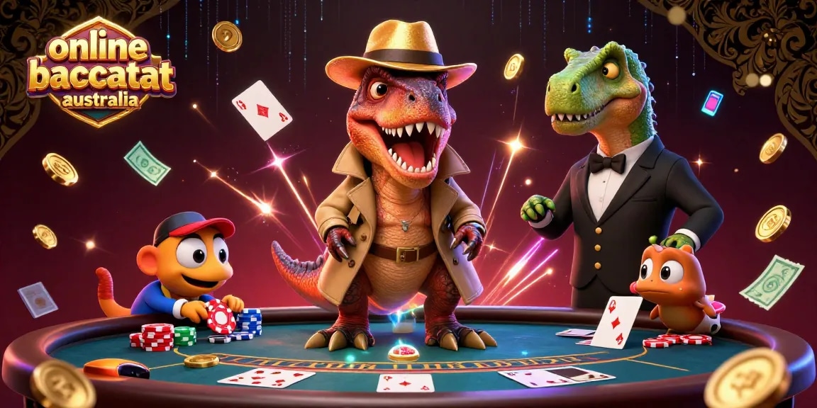 Experience thrilling online baccarat Australia with a velociraptor at the gaming table in this vibrant illustration.