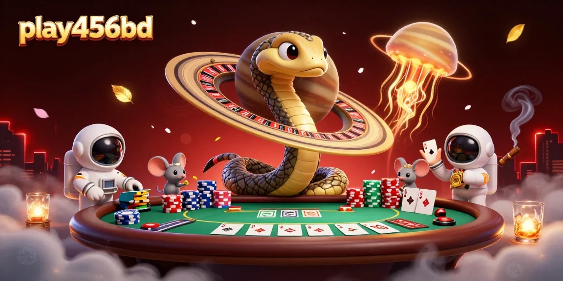 Experience the thrill of betting with play456bd's cosmic casino scene featuring a roulette wheel snake and playful astronaut mice.