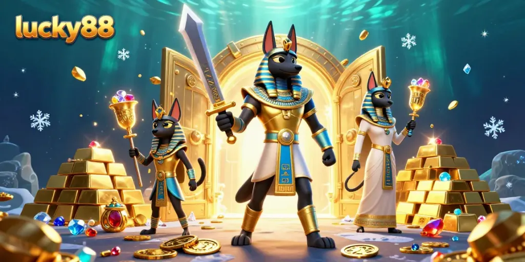 Experience the thrilling world of lucky88 with Anubis and Bastet in a casino treasure scene.