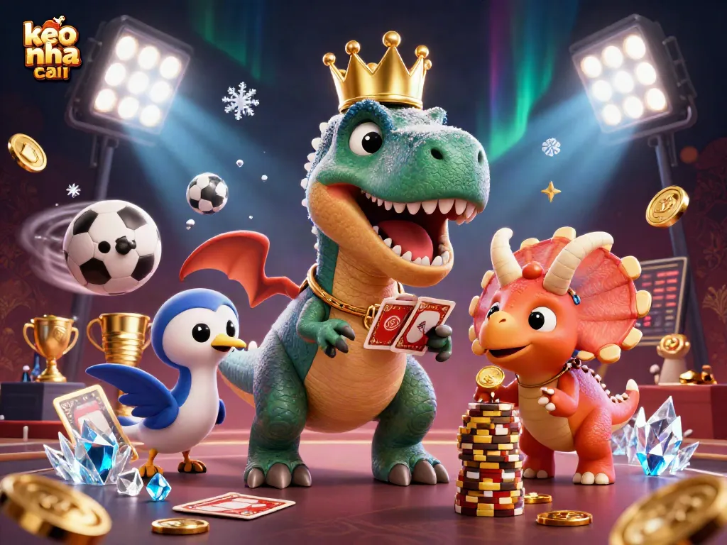 Experience thrilling sports betting with keo nha cai as T-Rex shuffles cards, dynamic elements flying around.