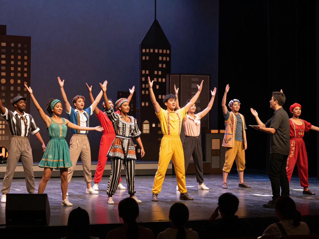 Diverse performers on stage during a lively theatre performance, capturing the essence of ROKOK88 and contemporary culture insights from https://www.nordicatheatre.com.