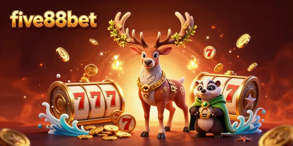 Join the excitement at five88bet with vibrant casino elements and lucky characters in a magical scene.
