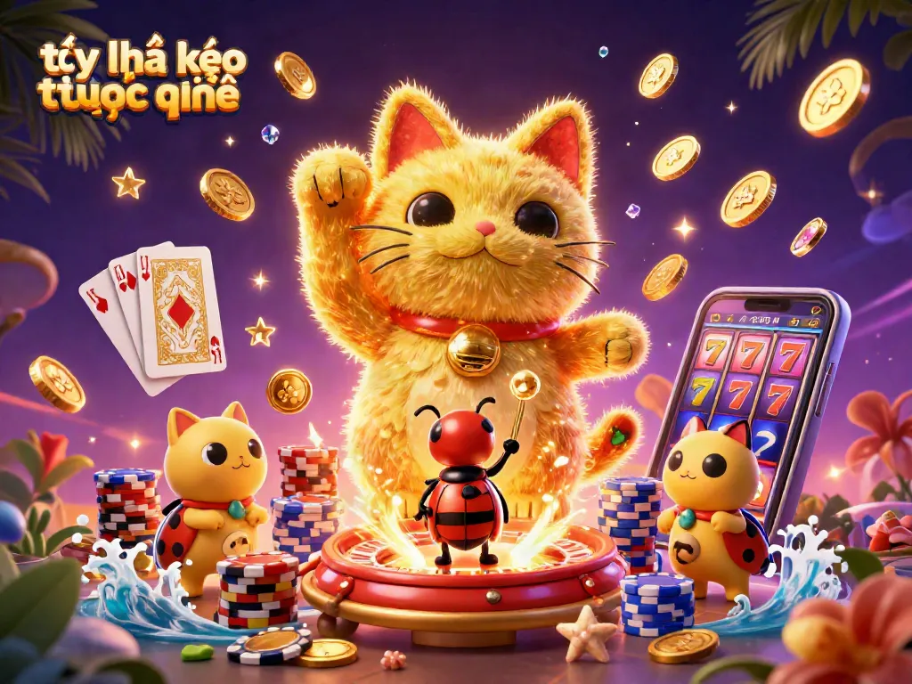 Experience the thrill of tỷ lệ kèo trực tuyến with vibrant casino symbols and dynamic illustrations of a lucky cat.