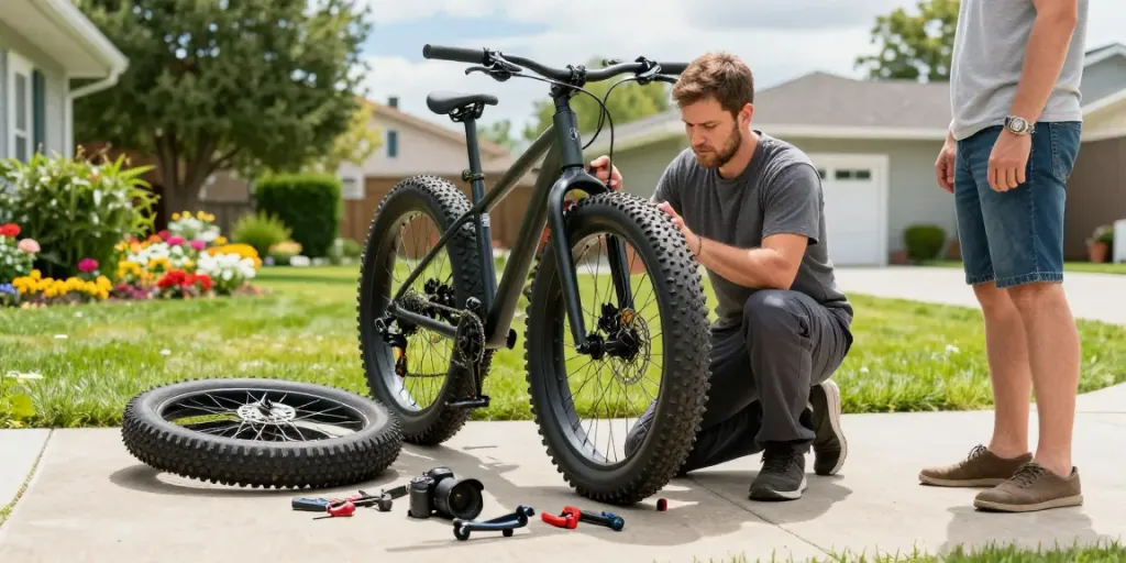 Fatbike onderdelen en monteur bezig met fatbike reparatie in de tuin.