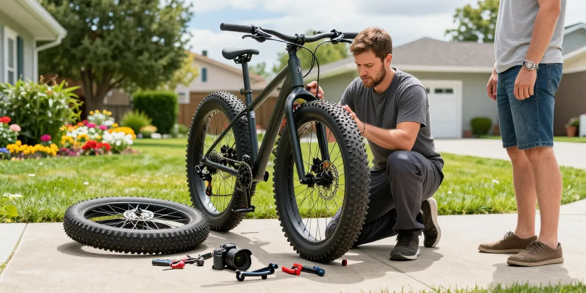 Fatbike onderdelen en monteur bezig met fatbike reparatie in de tuin.