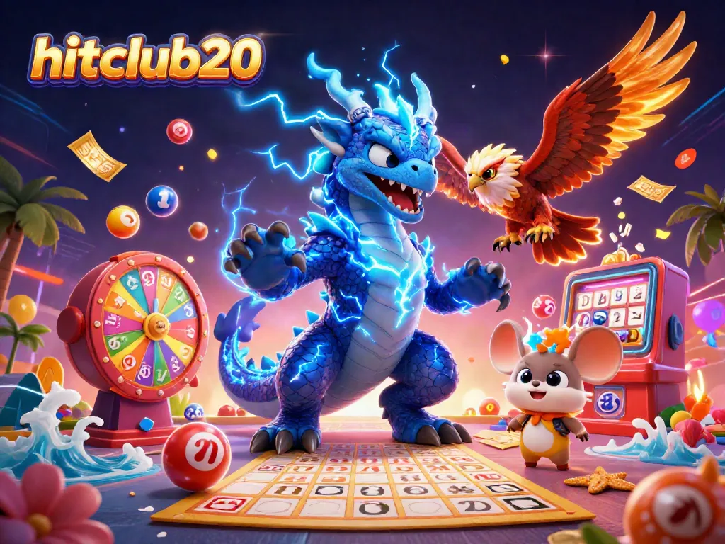 Experience the excitement of hitclub20 with a vibrant 3D illustration showcasing casino elements, lottery balls, and game characters.