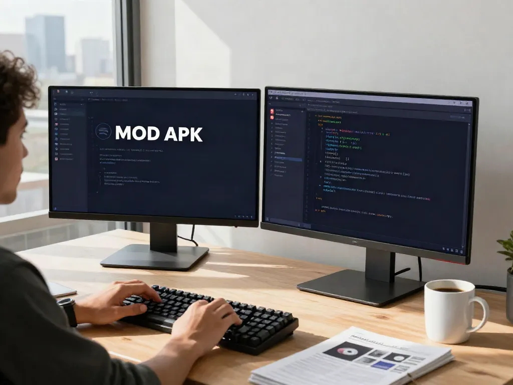 SpotiGeek developer workspace showcasing Spotify MOD APK setup with dual monitors.