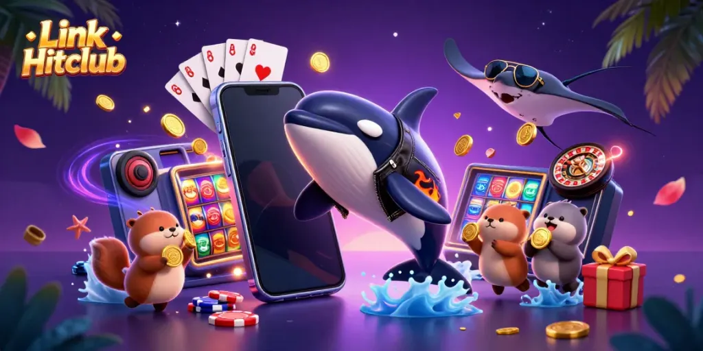 Engage in exciting gameplay with Link Hitclub featuring a vibrant orca, stingray, and otters in a dynamic casino scene.