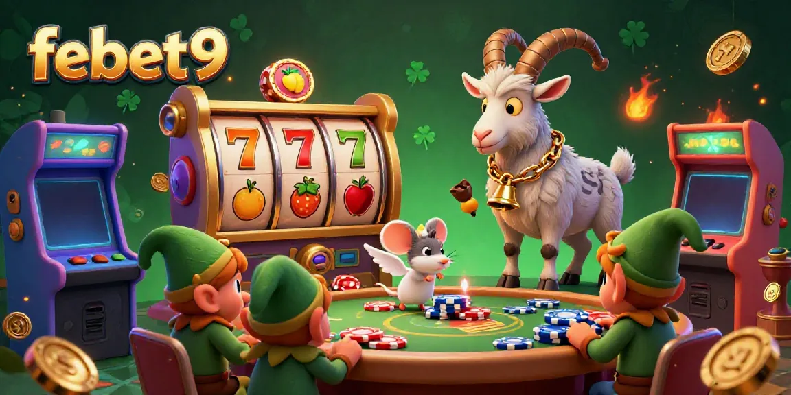 Experience the festive chaos of febet9's casino with lively characters stealing poker chips.