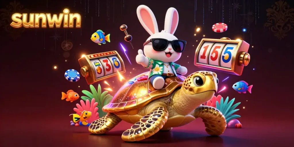 Experience thrilling gaming adventures with sunwin, featuring a vibrant rabbit and turtle in an engaging casino scene.