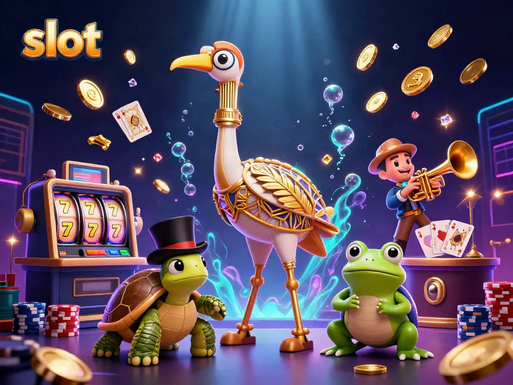 Experience the thrill of online slots with colorful characters and dynamic casino elements.
