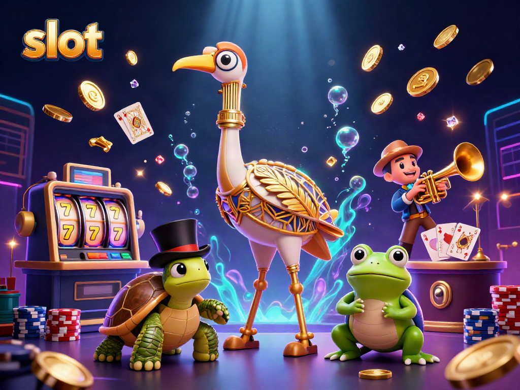 Experience the thrill of online slots with colorful characters and dynamic casino elements.