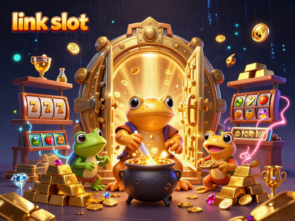 Experience the thrill with link slot as golden treasures burst forth in a magical 3D casino scene.