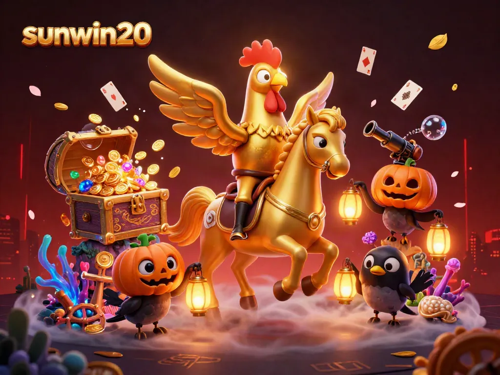 Experience the vibrant excitement of sunwin20 with dynamic characters and casino elements in a 3D casino illustration.