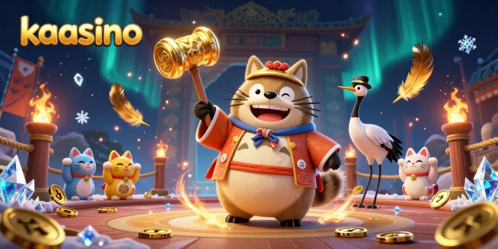Kaasino's vibrant scene features a cheerful tanuki with a mallet, maneki-neko cats, and colorful casino elements.