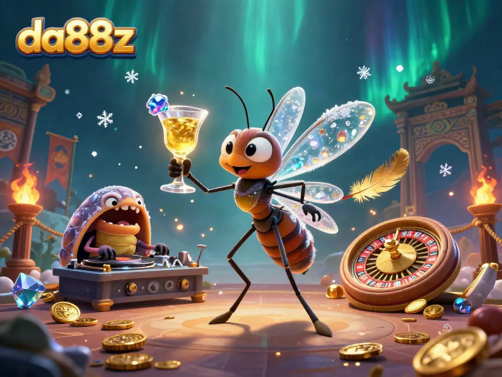 Experience the excitement of da88z with a dynamic 3D illustration featuring casino elements, games, and vibrant characters.