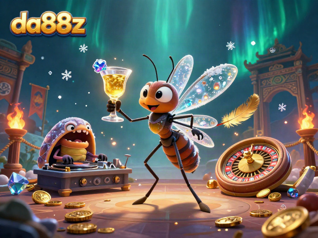 Experience the excitement of da88z with a dynamic 3D illustration featuring casino elements, games, and vibrant characters.