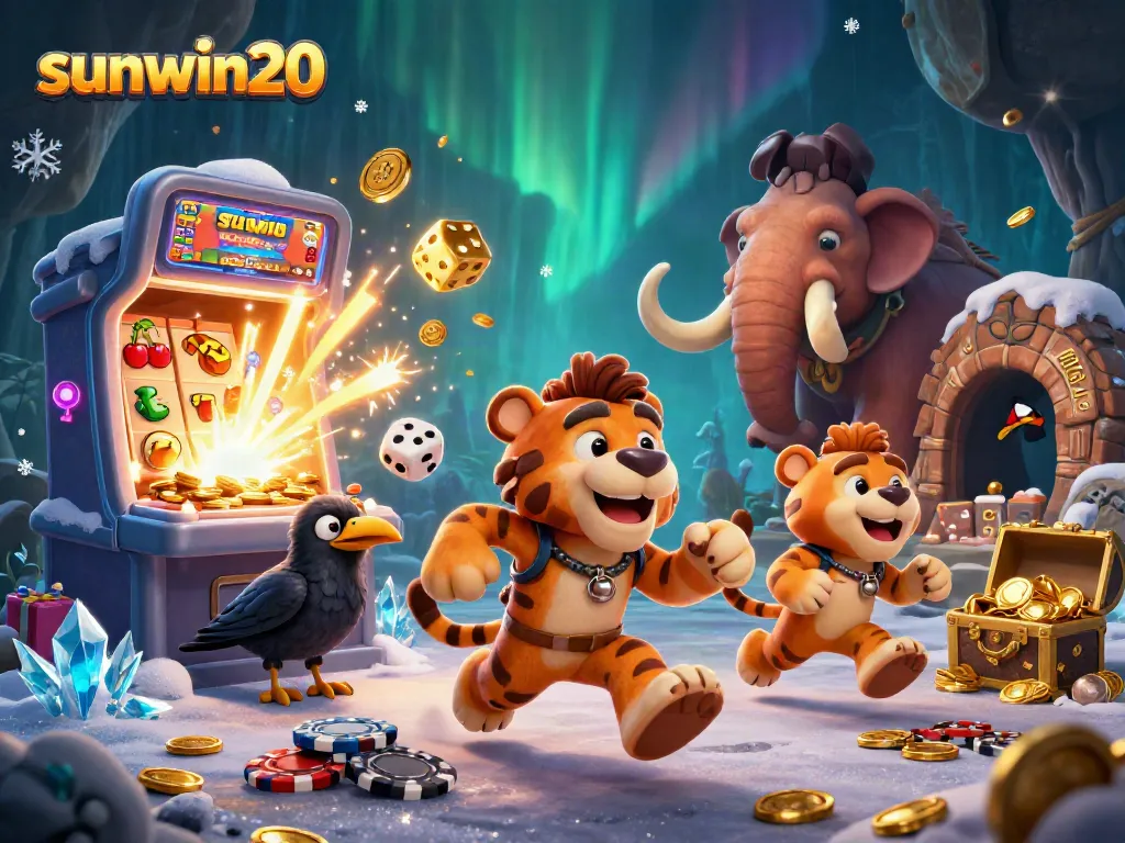 Experience thrilling action at sunwin20's prehistoric casino with cartoon characters and slot machines busting with coins.