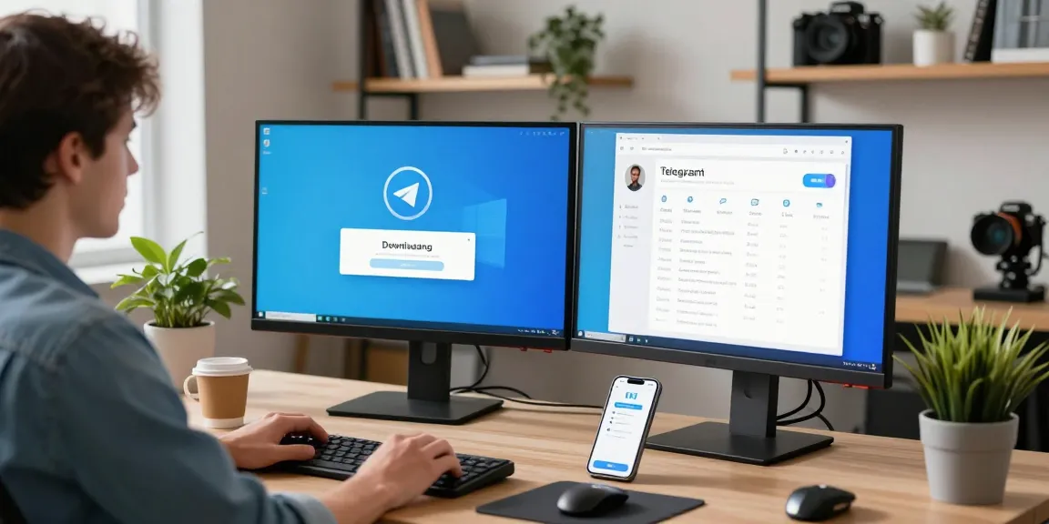 Download Telegram on a modern desk showcasing the app interface, emphasizing innovation and productivity.