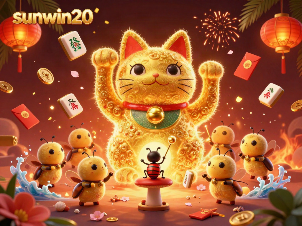 Engage in thrilling gameplay with sunwin20 featuring a giant lucky cat amidst vibrant casino symbols.