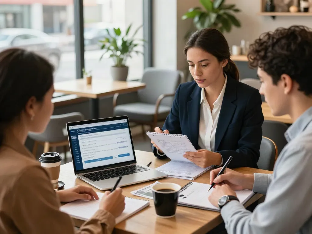 Engaging discussion about Edmonton loans in a friendly coffee shop setting with professionals and clients.