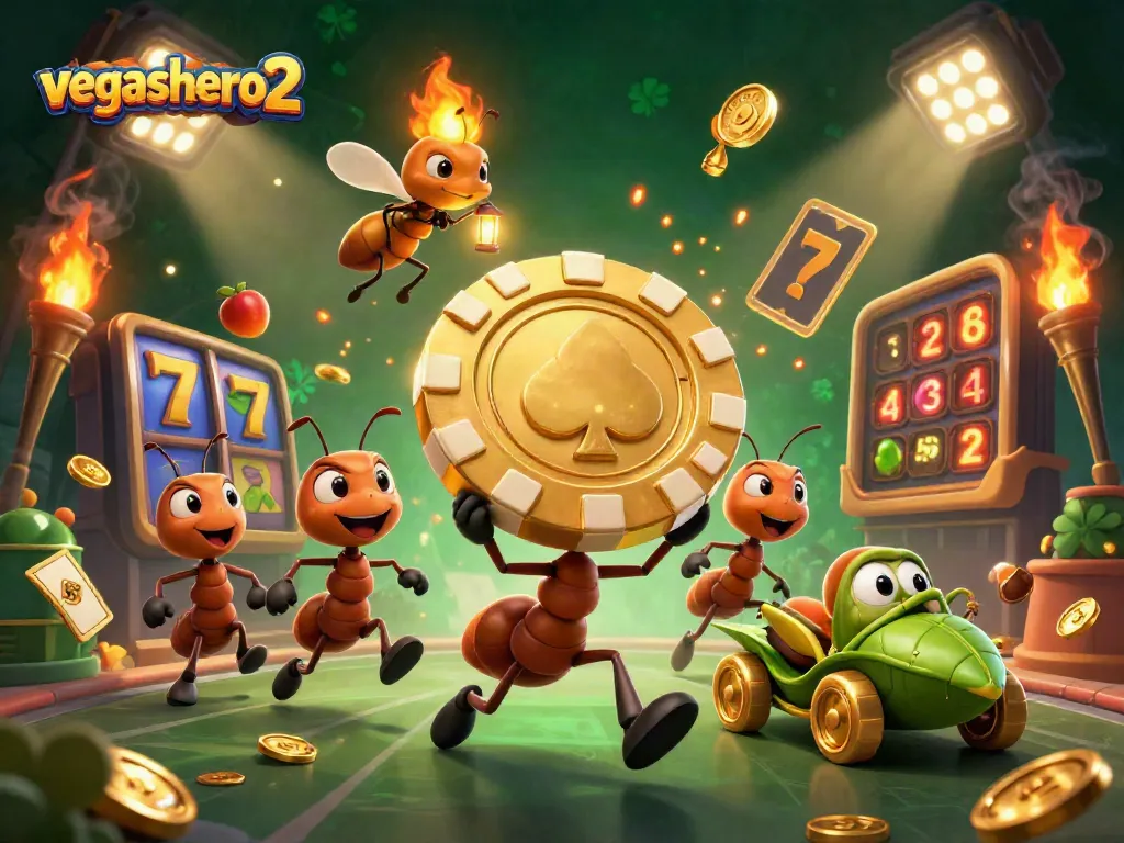 Experience the excitement of vegashero 2 with a dynamic heist scene of ants carrying a giant poker chip.