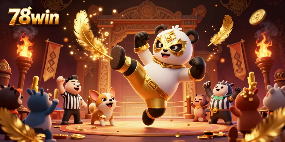 Experience thrilling action at 78win with a wrestler panda and vibrant animal crowd cheering in a dynamic casino scene.