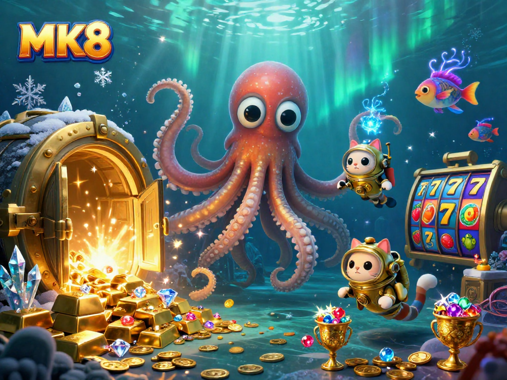 Experience thrilling MK8 gameplay with a kraken, diving cat, and treasure in a vibrant casino scene.