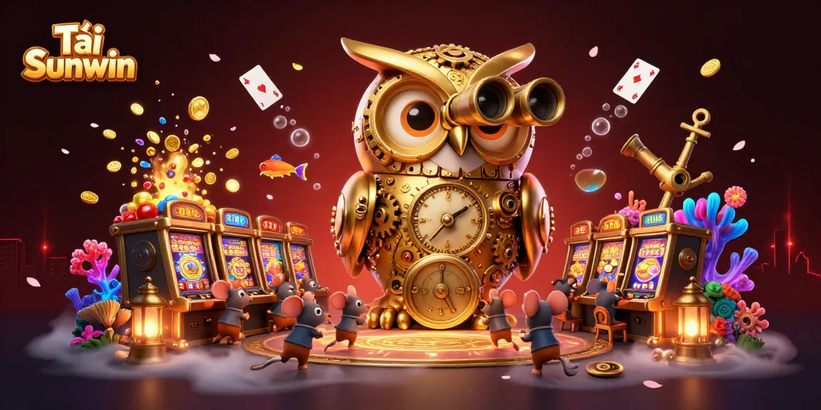 Tải Sunwin and enjoy an immersive casino experience with a captivating 3D illustration showcasing a golden owl and vibrant gaming elements.