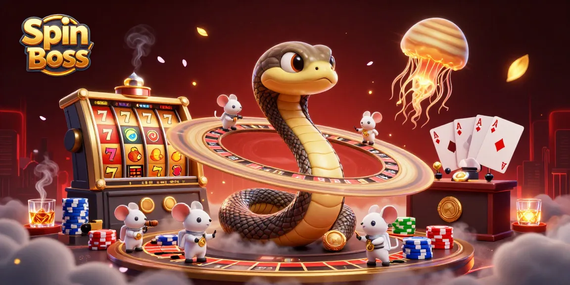 Spin Boss casino-themed illustration featuring a 3D snake roulette and playful astronaut mice betting.