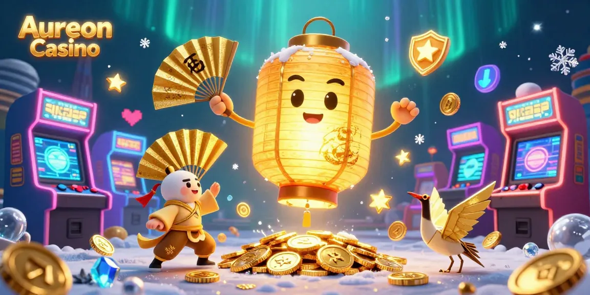 Aureon Casino showcases excitement with a golden lantern spirit over vibrant gaming action.