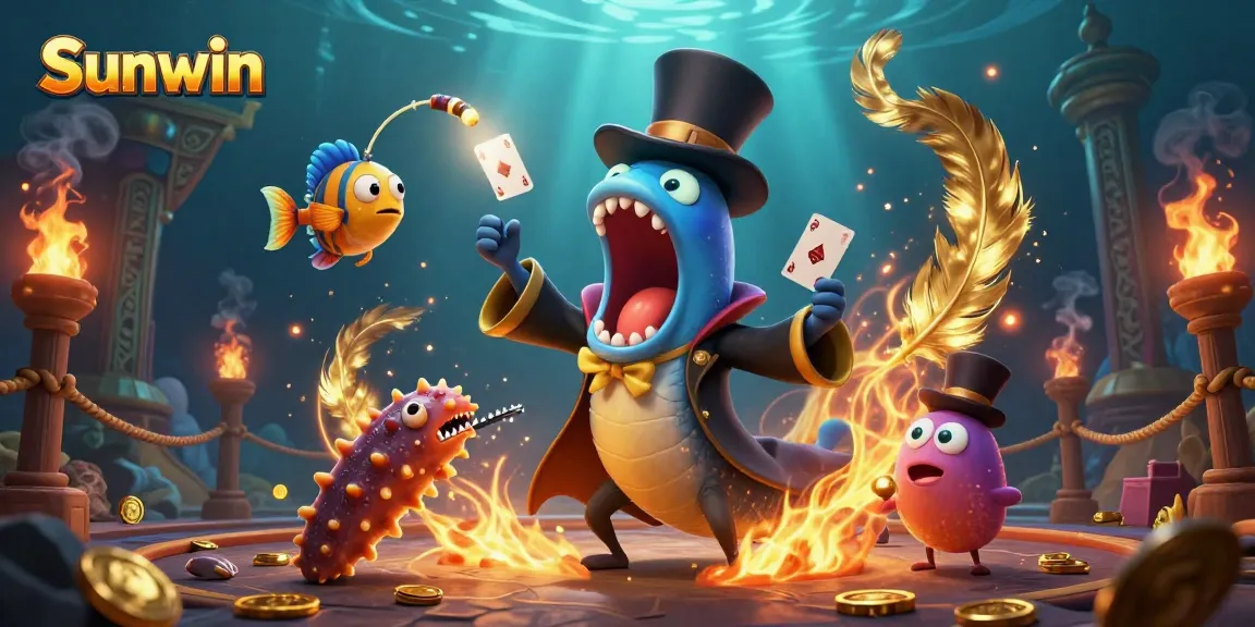 Sunwin offers card tricks in a lively underwater casino scene featuring a magician eel and vibrant game elements.