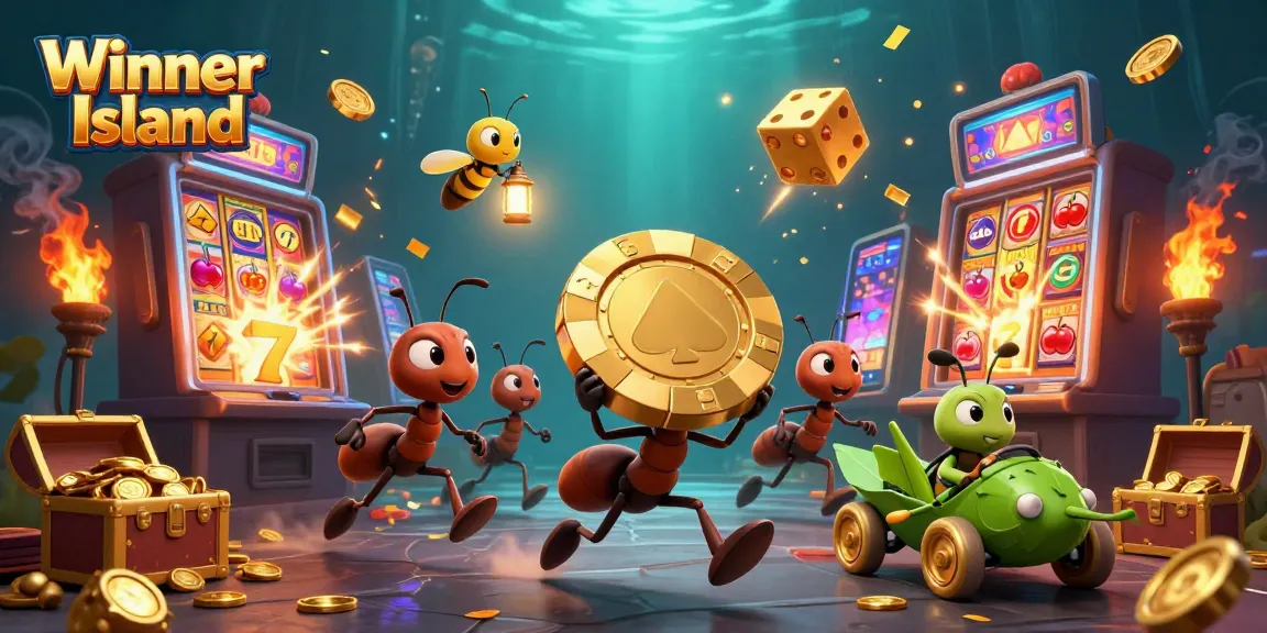 Experience the excitement of Winner Island as ants engage in a thrilling casino heist with vibrant gaming elements.