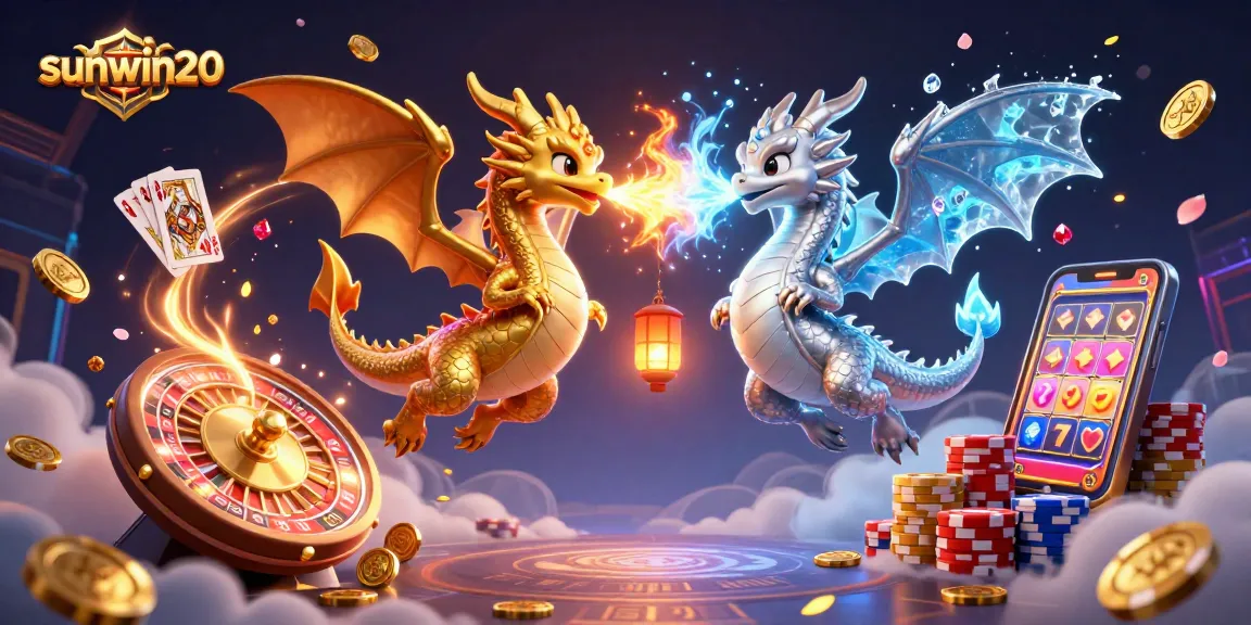 Experience thrilling gameplay with sunwin20 in this vibrant 3D casino scene featuring dragons, coins, and cards.